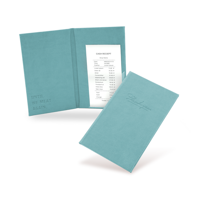 A blue bill binder with a menu partially visible, closed and open, with a visible logo on the front cover.
