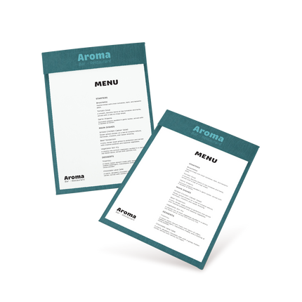 Two clipboards with blue edges and white menu sheets, one with 'COCKTAILS' and the other with 'MENU' written at the top, both lying at an angle.