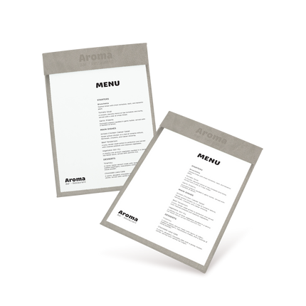 Two clipboards with grey edges and white menu sheets, one with 'COCKTAILS' and the other with 'MENU' written at the top, both lying at an angle.