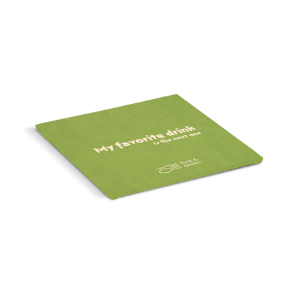 An green square coaster with the text 'My favorite drink' and a logo on it.