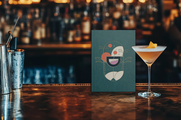 Cocktail glass with a decorative menu card on a bar counter
