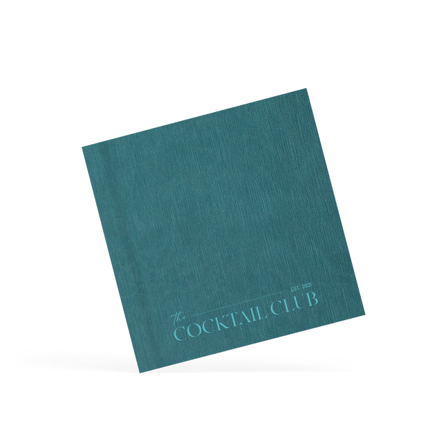 Teal cocktail placemat with 'The Cocktail Club' text on a white background