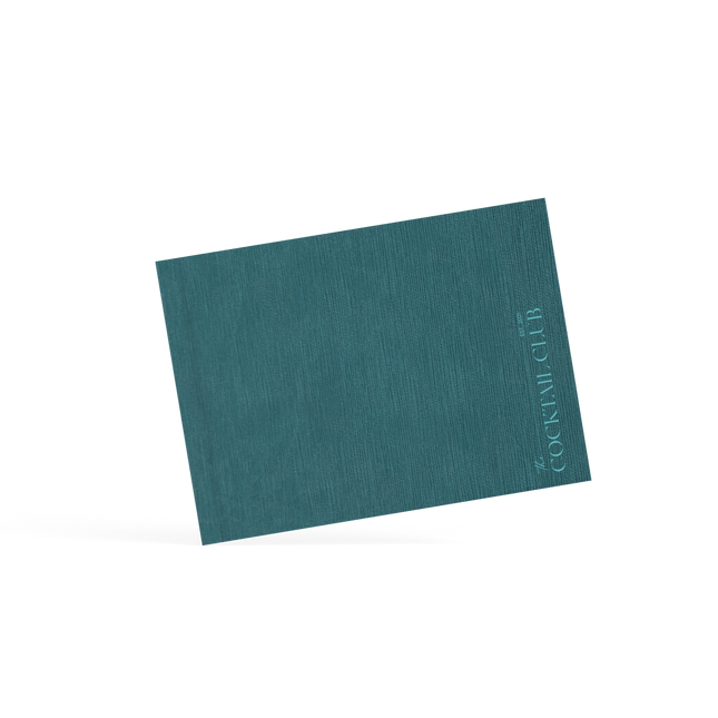 Teal menu with textured surface and visible branding on a white background