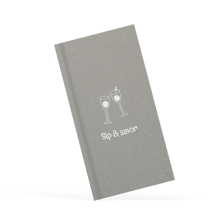 Gray menu with wine glass illustrations and 'Sip & Savor' text on a white background.