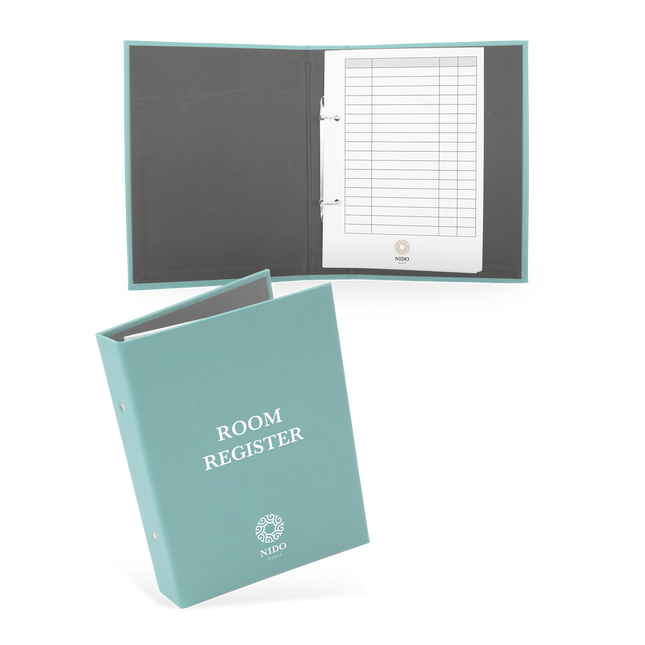 A blue hotel room register with a cover featuring the text 'ROOM REGISTER' and a grid of guest information sheets inside.