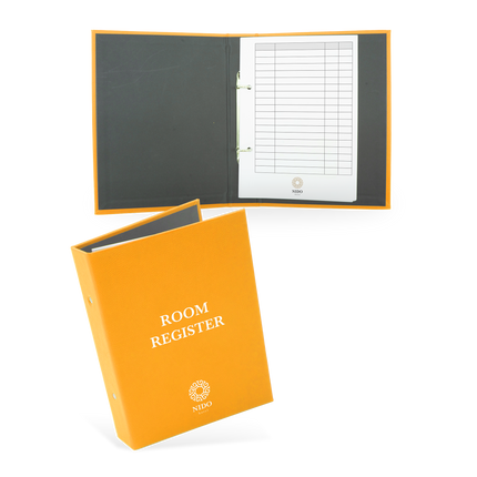 A orange hotel room register with a cover featuring the text 'ROOM REGISTER' and a grid of guest information sheets inside.